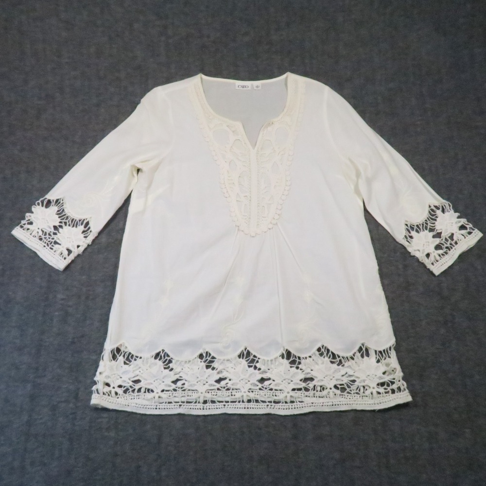 Cato Tunic Top S Ivory Crochet Lace‎ Trim V-Neck 3/4 Sleeve Boho Festival Beach